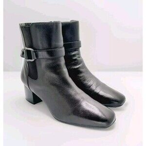 Bandolino Women Lorillard Toe Black Leather Ankle Boot w/Zipper Buckle Size 6